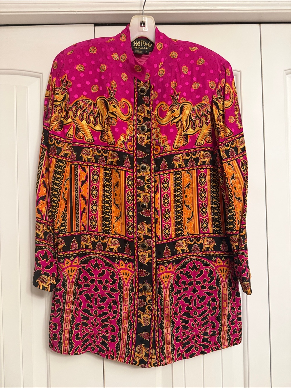 Bob Mackie 100% Silk Elephant Print Lines Jacket — Fuchsia, Gold & Black